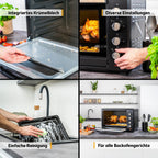 Minibackofen 60L 2000W - Pizzaofen & Backofen, Temperaturregelung bis 230°C, 6 Modi, 60 Min Timer, 4 Einschubhöhen, inkl. Backblech, Grillrost & Drehspieß