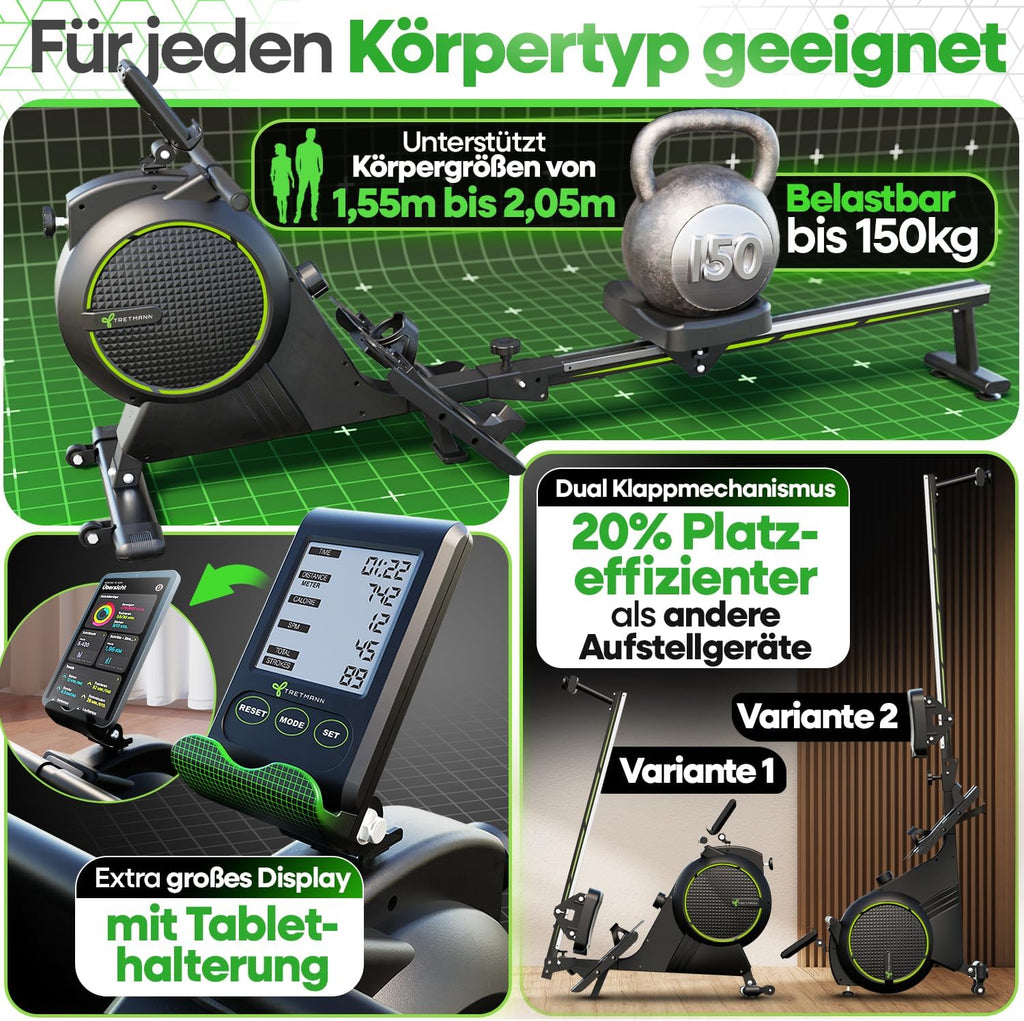 NEU Rudergerät für Zuhause Set - extra leise, Wirbelstrombremse 2.0, bis 150 kg, Magnet-Rudermaschine