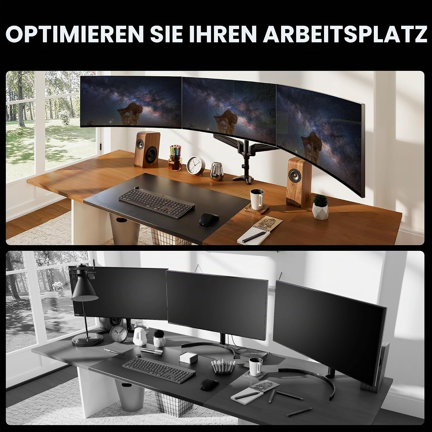 Monitorhalterung 3 Monitore für 17-32 Zoll, höhenverstellbar, bis 8 kg pro Arm, Schwarz Gaming