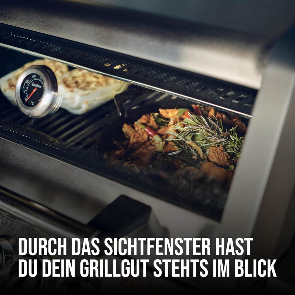Gasgrill MONROE PRO 3 SIK TURBO, 3 Edelstahlbrenner, Seitenkocher, Infrarot-Backburner, PanoVision, HEAT RANGE, 800°C Turbo Zone, Silber/Schwarz