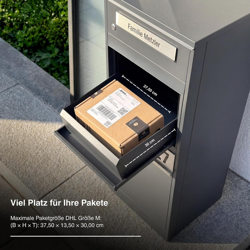 Paketbox Briefkasten mit großem Paketfach, Anthrazit, personalisiert, Standbriefkasten für draußen, rostfrei und massiv, mit Gravur, Bispo 2