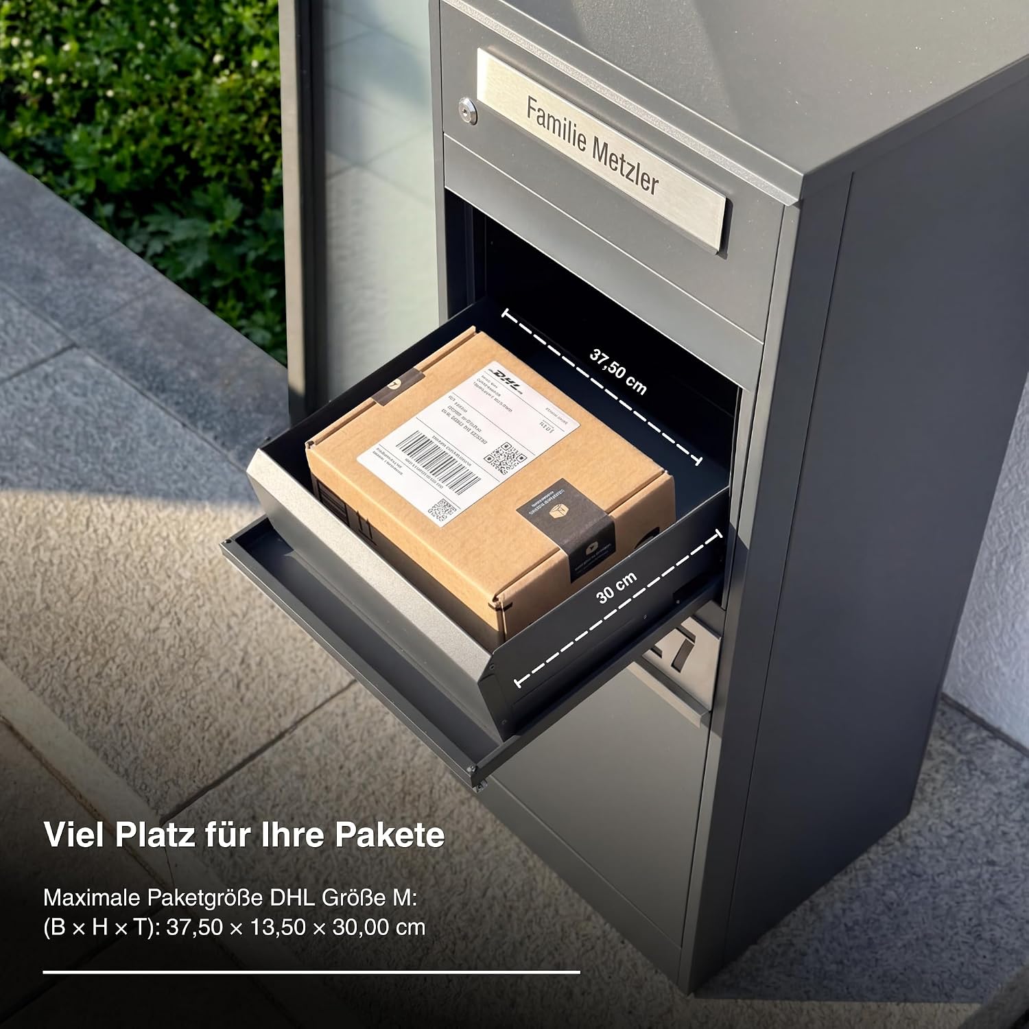 Paketbox Briefkasten mit großem Paketfach, Anthrazit, personalisiert, Standbriefkasten für draußen, rostfrei und massiv, mit Gravur, Bispo 2