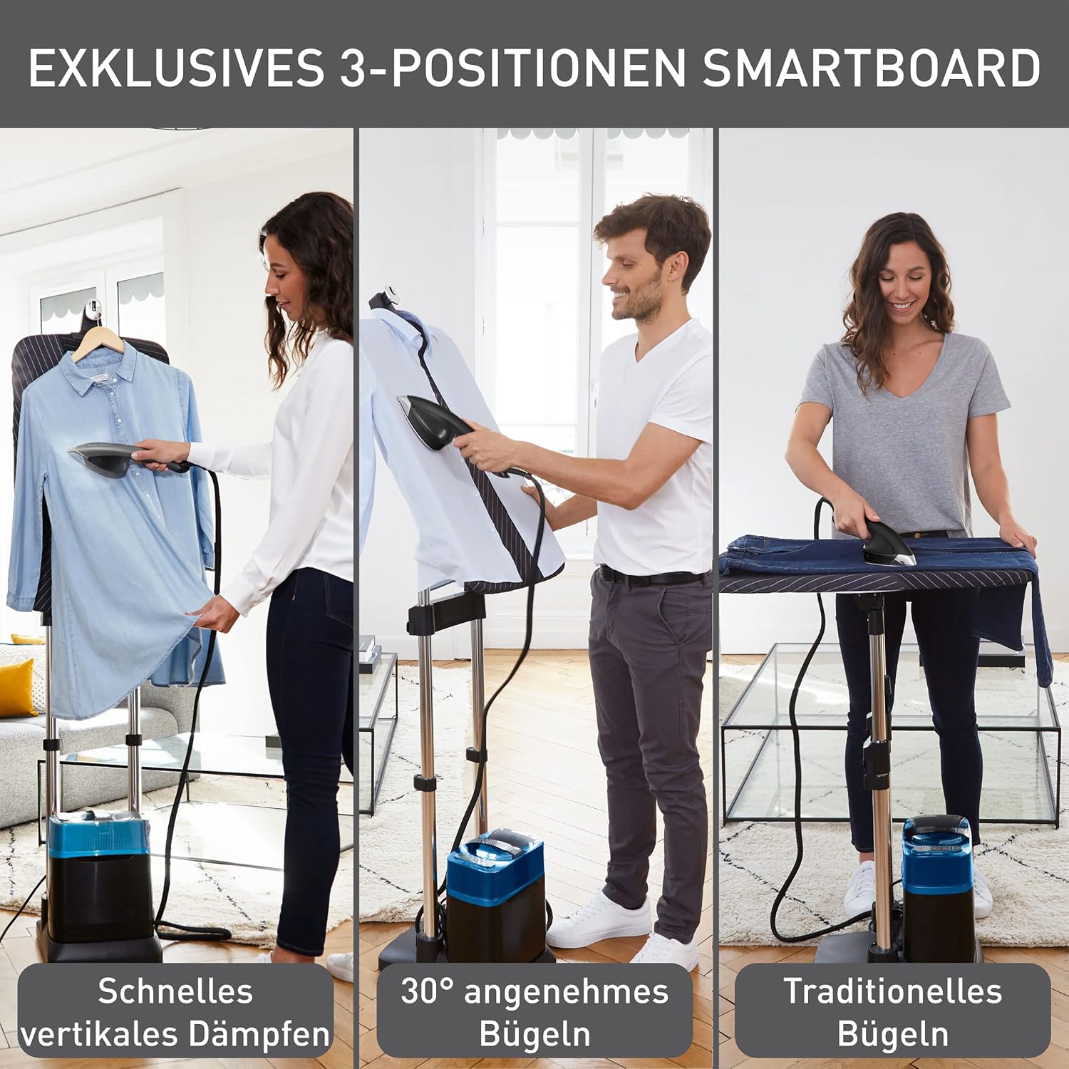 Ixeo Power All-in-One Dampfglätter, 3-Pos.Smart Board, 5.8bar, 200g/min Dampf, desinfiz., schwarz/blau, QT2022
