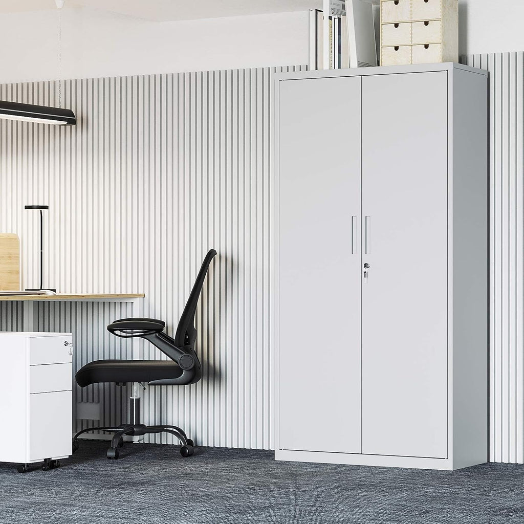 Stahl-Aktenschrank, 5 Ebenen, Doppeltüren + Schloss, verstellbare Ablagen, Mehrzweck-/Werkzeugschrank, für Garage/Büro/Wohnzimmer, grau, OMC015G01