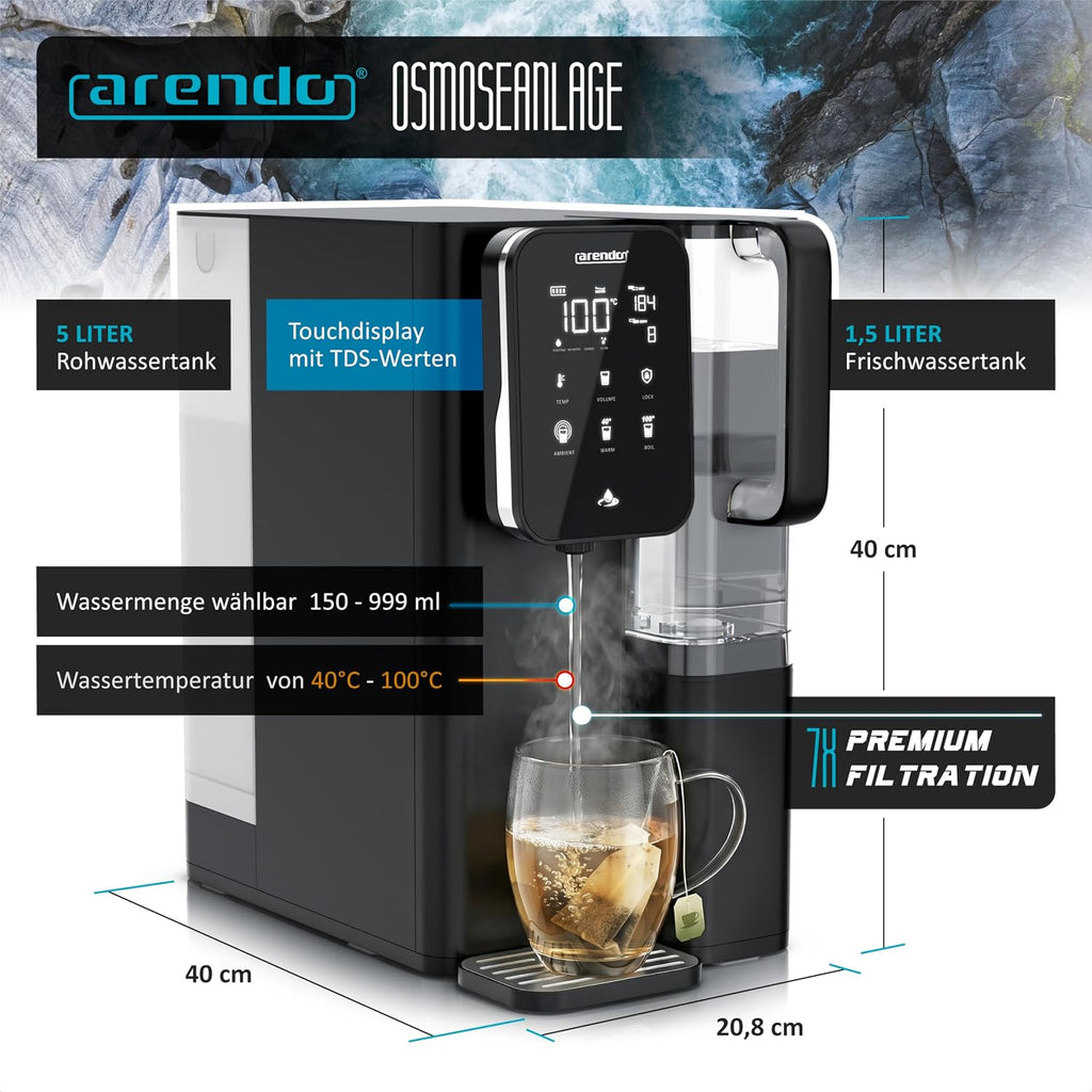 Osmoseanlage - 99,99% reines Wasser - 7-Stufen-Filter (5+2) – Umkehrosmose – Keine Installation – Auftisch – Heißwasser 40-100°C – TDS
