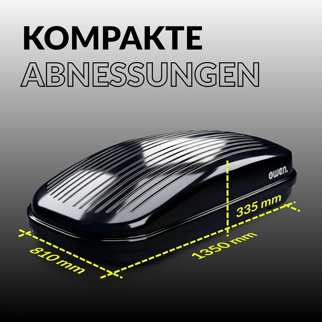 Dachbox Auto 320L | 75kg Zuladung | Hartschale Schwarz Glänzend | Aerodynamisch | Beidseitige Öffnung mit Schnellspanner (Fast Clamp) | Abschließbar