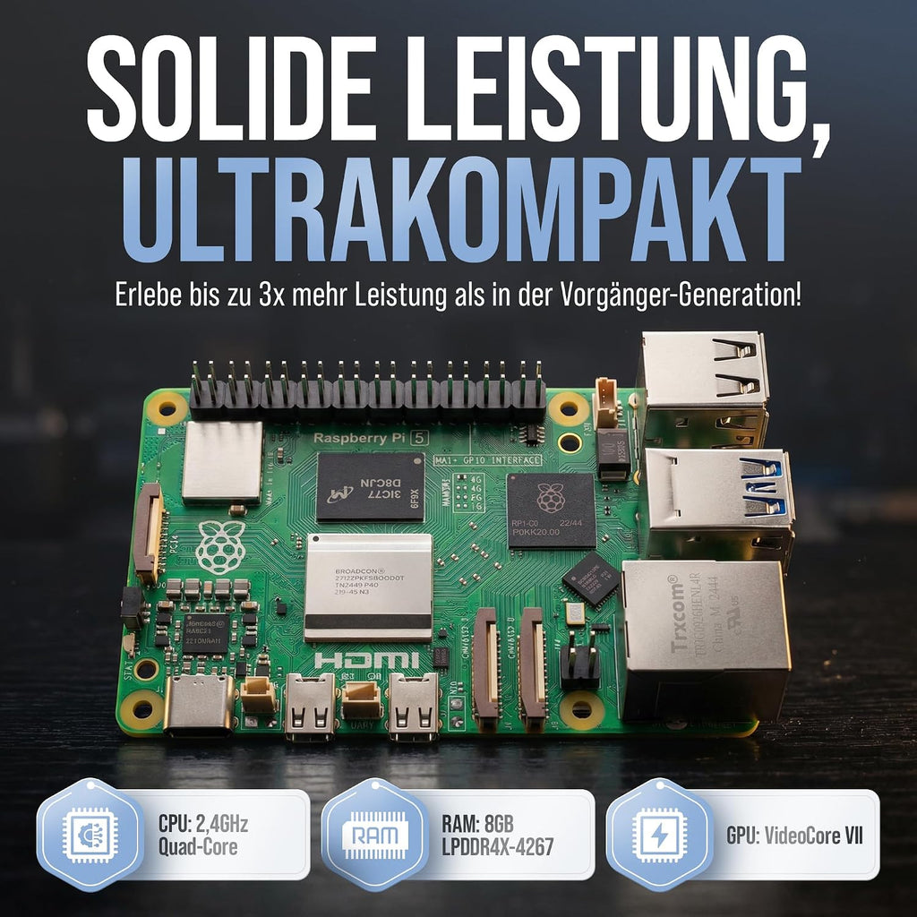 Raspberry Pi 5 8GB 128GB Starter Set mit 27W Netzteil, Lüfter-Gehäuse & 4K Micro HDMI Kabel - Ideal für Smart Home, Retro Gaming & Home Assistant
