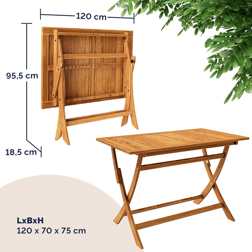 Gartenmöbel Set Modell 2026 - 5-teilig aus FSC Akazienholz, extra stabiler Tisch mit Verstärkungsleiste, 4 klappbare Stühle mit Armlehnen
