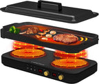 Portables Induktionskochfeld, 2 Brenner + abnehmbare Grillpfanne (Antihaft), 2800W, Kindersicherung, Timer, für Familienfeiern
