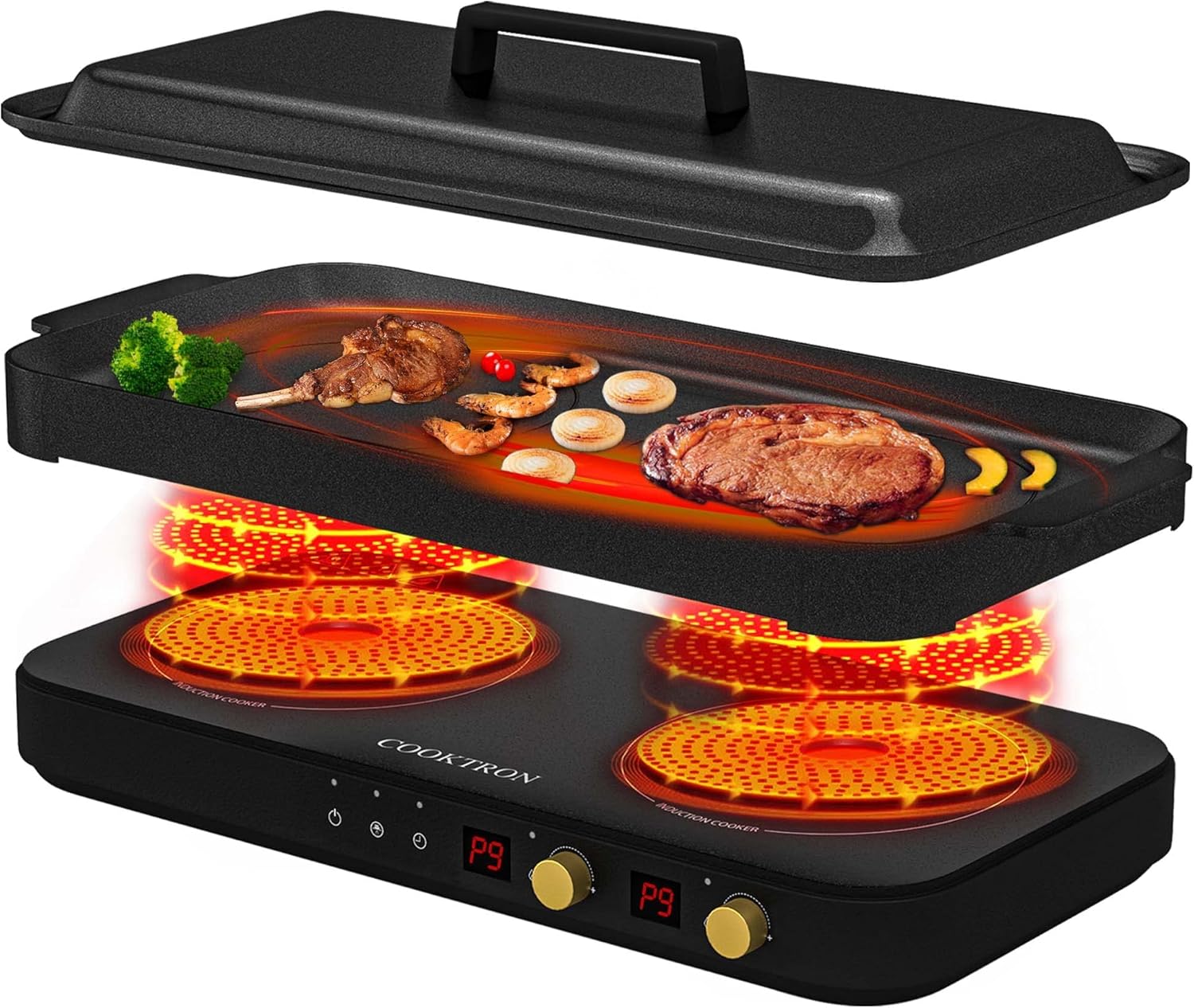 Portables Induktionskochfeld, 2 Brenner + abnehmbare Grillpfanne (Antihaft), 2800W, Kindersicherung, Timer, für Familienfeiern