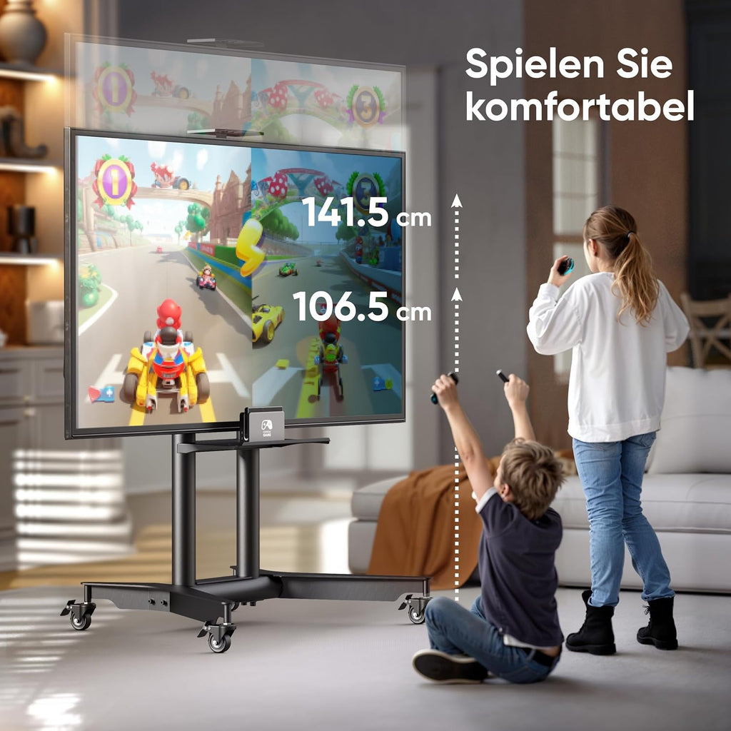 TV Ständer rollbar für 32-75 Zoll, max. 60 kg, höhenverstellbar mit Ablage, VESA 600x400, Rollen, Schwarz, TS1571-B