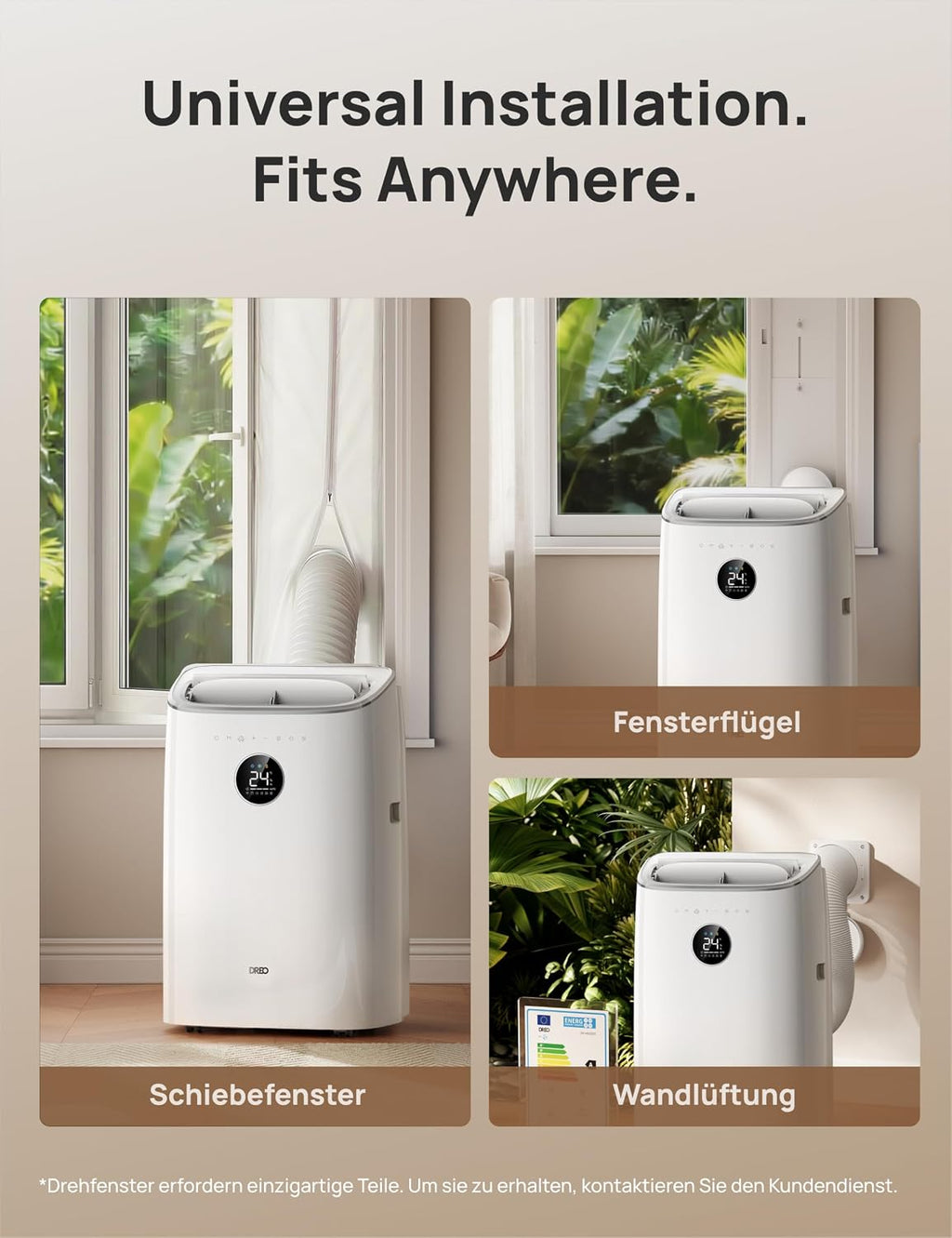 Mobiles Klimagerät 7.500 BTU, 3-in-1 (Kühlen/Vent./Entf.), App + Sprachst., drainagefrei, Fenster-Set, 2,5 L/h, für Schlafz./Büro, AC318S