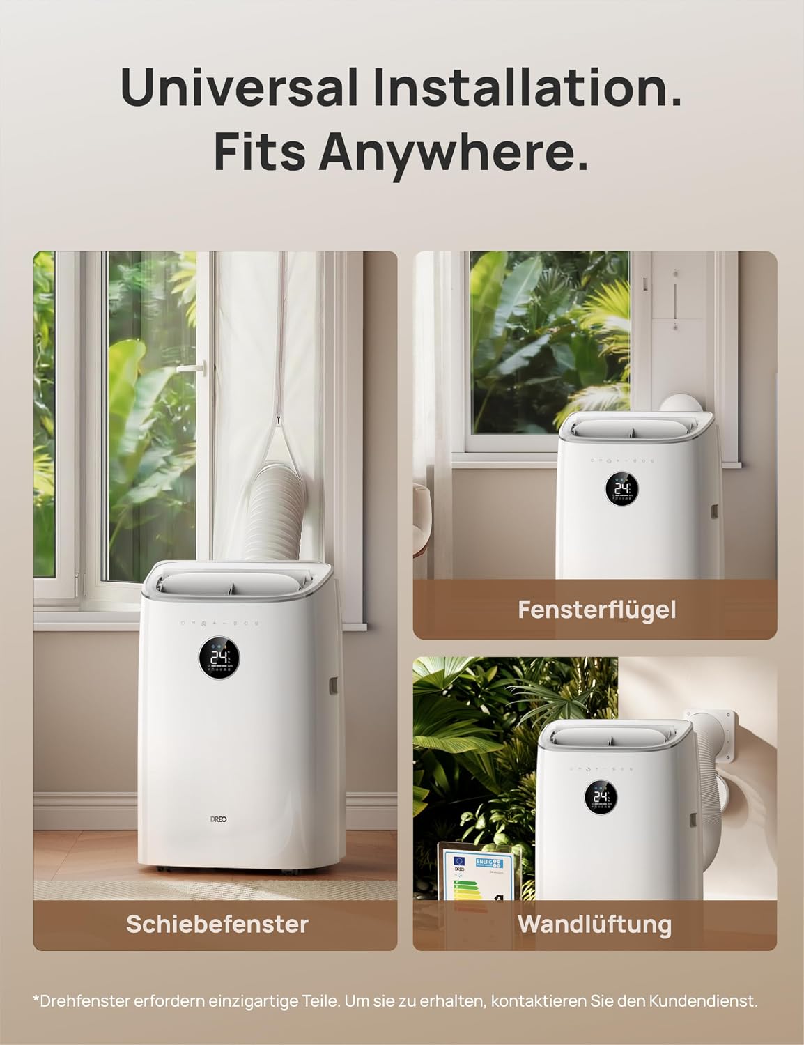 Mobiles Klimagerät 7.500 BTU, 3-in-1 (Kühlen/Vent./Entf.), App + Sprachst., drainagefrei, Fenster-Set, 2,5 L/h, für Schlafz./Büro, AC318S