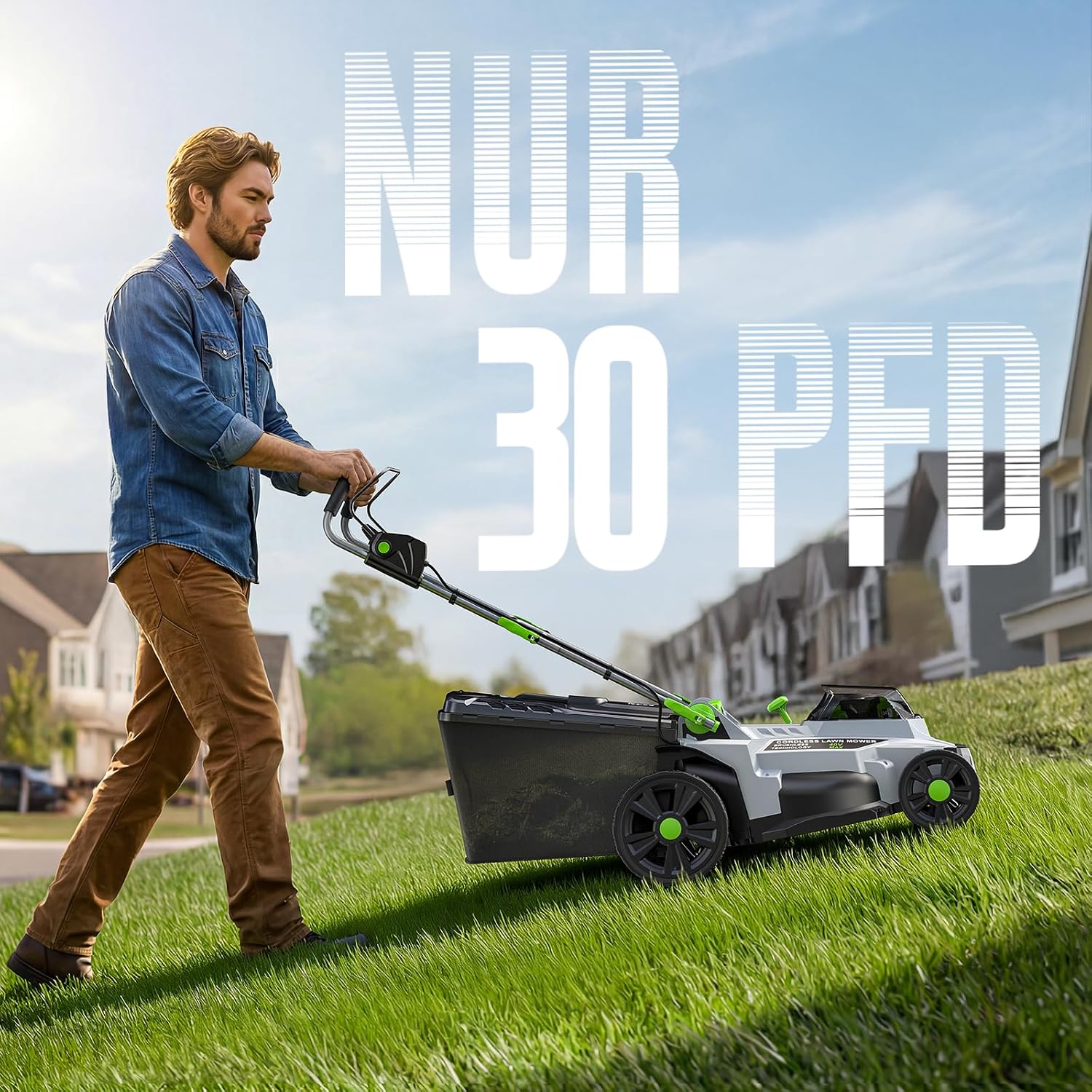 Akku-Rasenmäher 40V(2X20V), 43cm Schnittbreite, Brushless, bis 500 m², Mulch-Kit, 50L Fangkorb, 6 Schnitthöhen (25-75mm), 2x 4,0Ah Akkus+Ladegerät