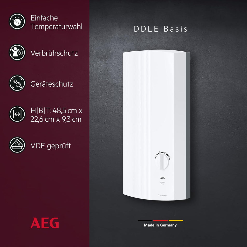 DDLE Basis 18/21/24 kW, elektron. Durchlauferhitzer, umschaltbar, 4 Symbole für Temperatur, 400V Festanschluss, VDE-geprüft, 222390