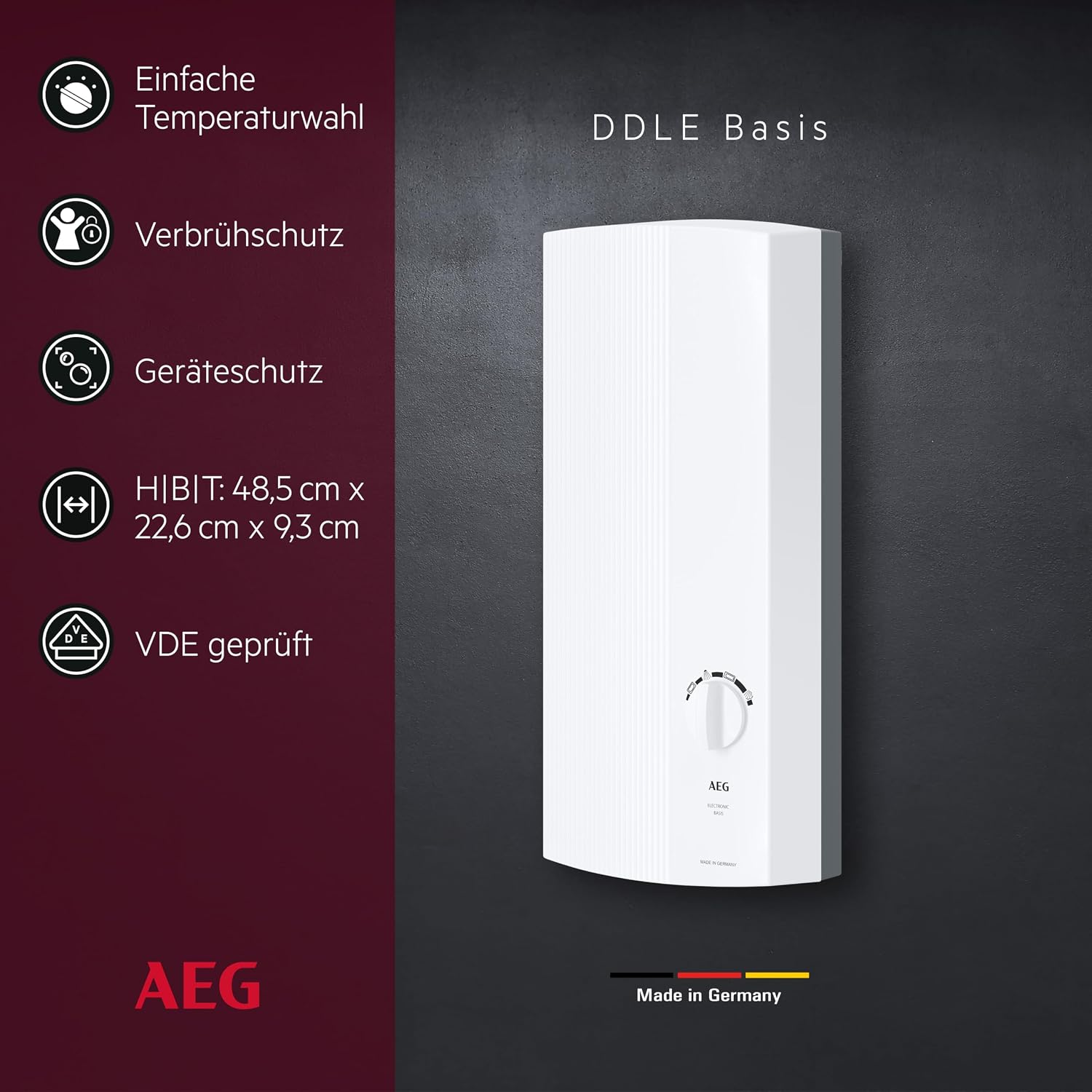 DDLE Basis 18/21/24 kW, elektron. Durchlauferhitzer, umschaltbar, 4 Symbole für Temperatur, 400V Festanschluss, VDE-geprüft, 222390