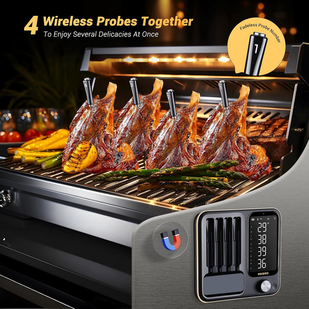 INT-14-BW kabelloses Fleischthermometer, Smart-Grillthermometer, WIFI 2.4G + BT 5.4, 91m Reichweite, für Ofen/Grill/Smoker/Rotisserie/Airfryer