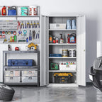 Stahl-Aktenschrank, 5 Ebenen, Doppeltüren + Schloss, verstellbare Ablagen, Mehrzweck-/Werkzeugschrank, für Garage/Büro/Wohnzimmer, grau, OMC015G01