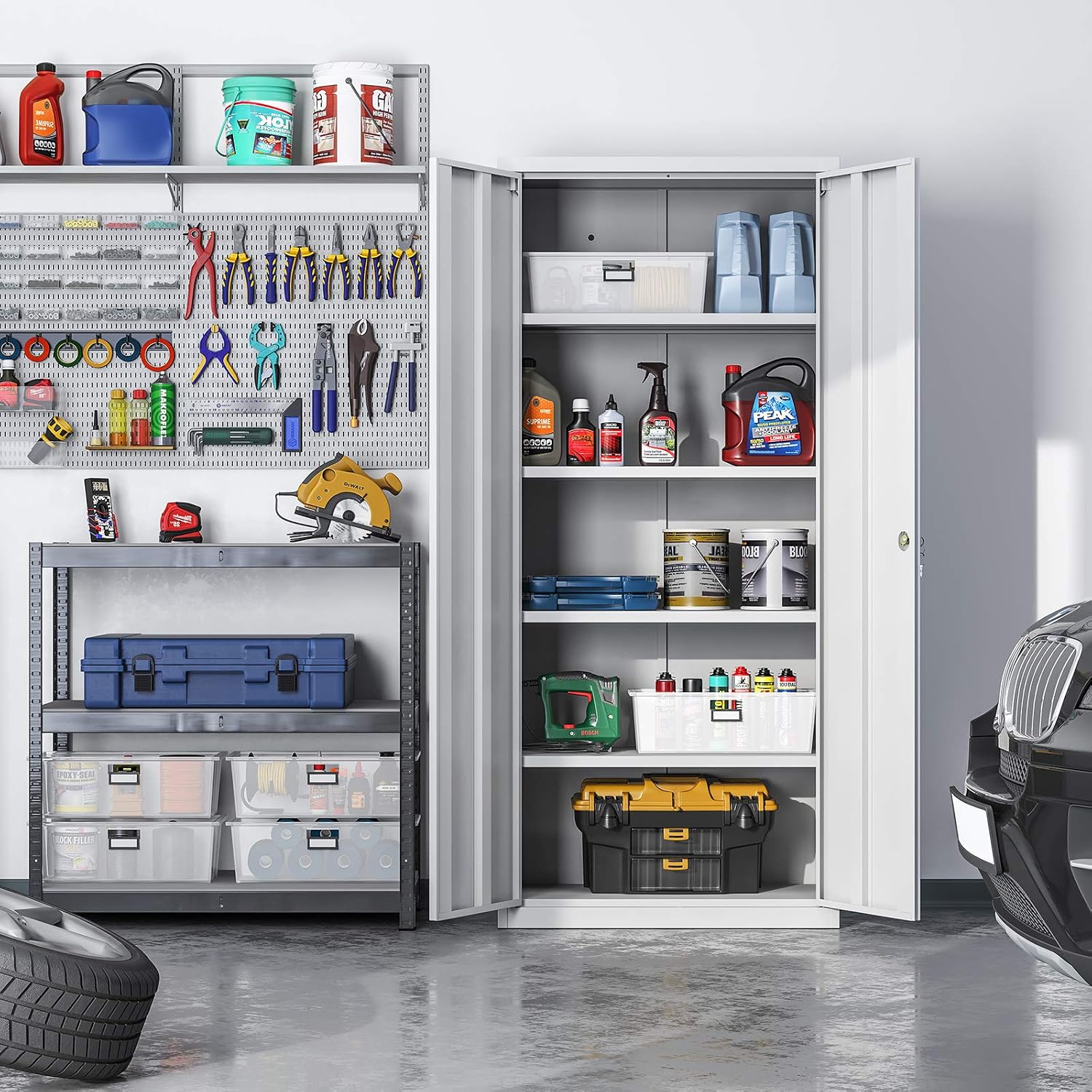 Stahl-Aktenschrank, 5 Ebenen, Doppeltüren + Schloss, verstellbare Ablagen, Mehrzweck-/Werkzeugschrank, für Garage/Büro/Wohnzimmer, grau, OMC015G01