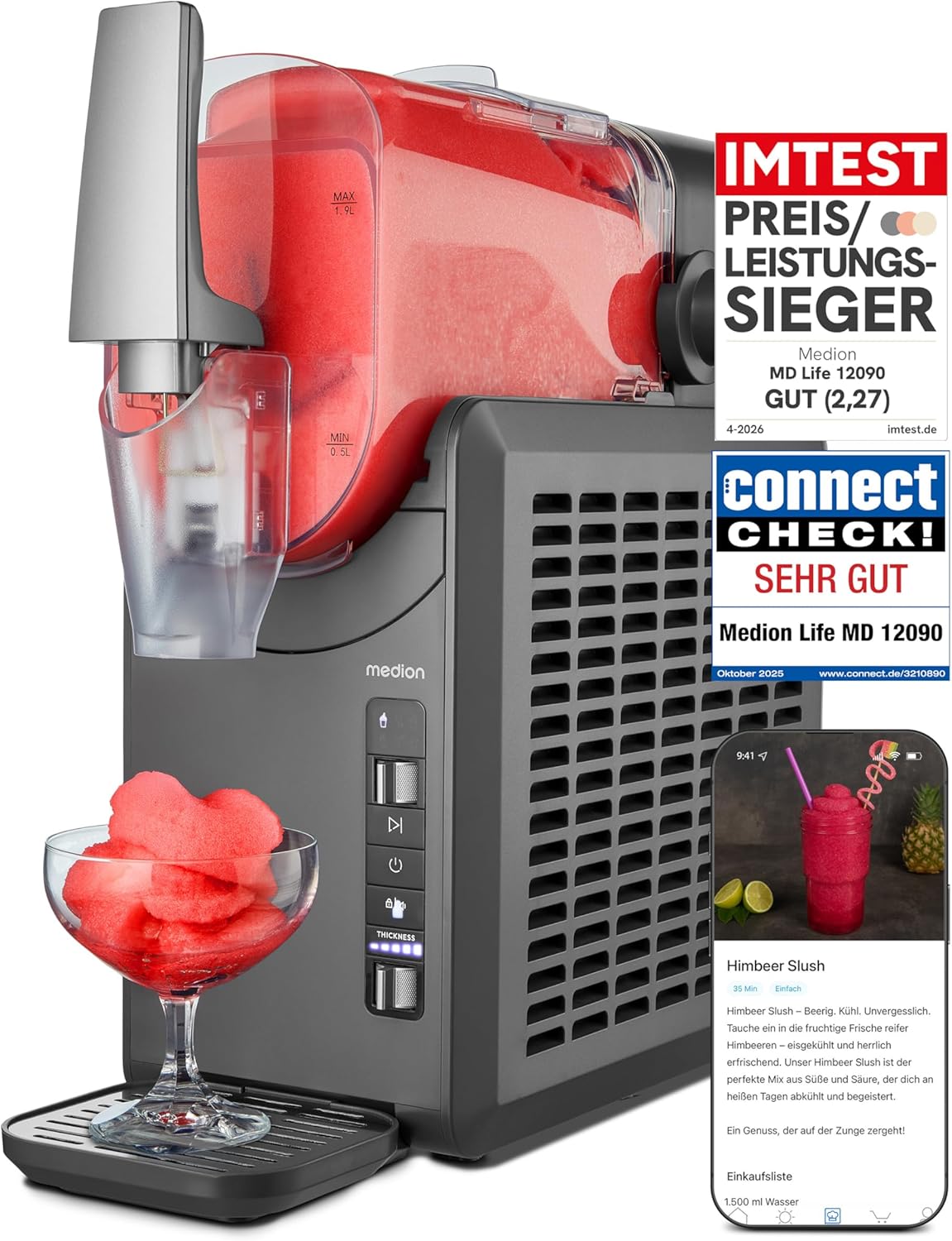 Slush-Maschine, 2,6 L Eis-Kapazität, 1,9 L Behälter, 5 Modi, 30-60 Min., Kompressor, Slush-Eisbereiter, MD12090