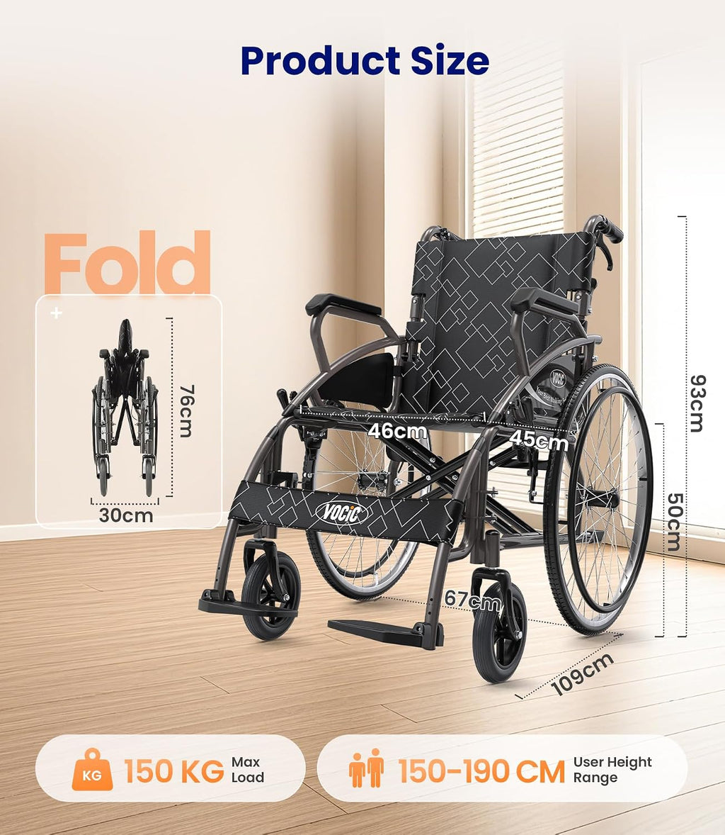 Leichter faltbarer Rollstuhl bis 150 kg, 17 kg, Doppelbremsen, Selbstantrieb, pannensichere Reifen für Erwachsene (Hellgrau)