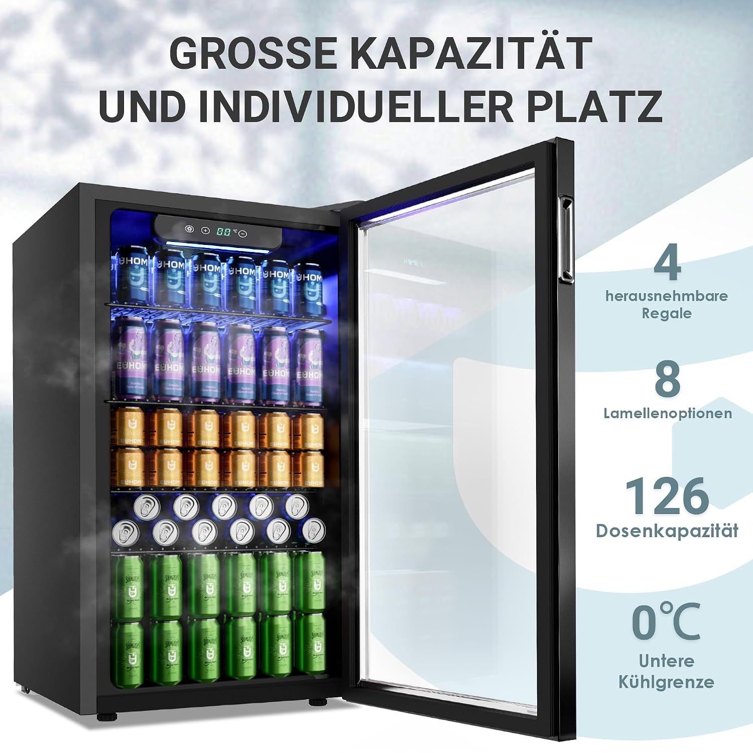 90L Getränkekühlschrank mit Glastür, für 126 Dosen, verstellbare Regale, für Limonade/Bier/Wein, Zuhause/Bar/Büro, Schwarz Edelstahl