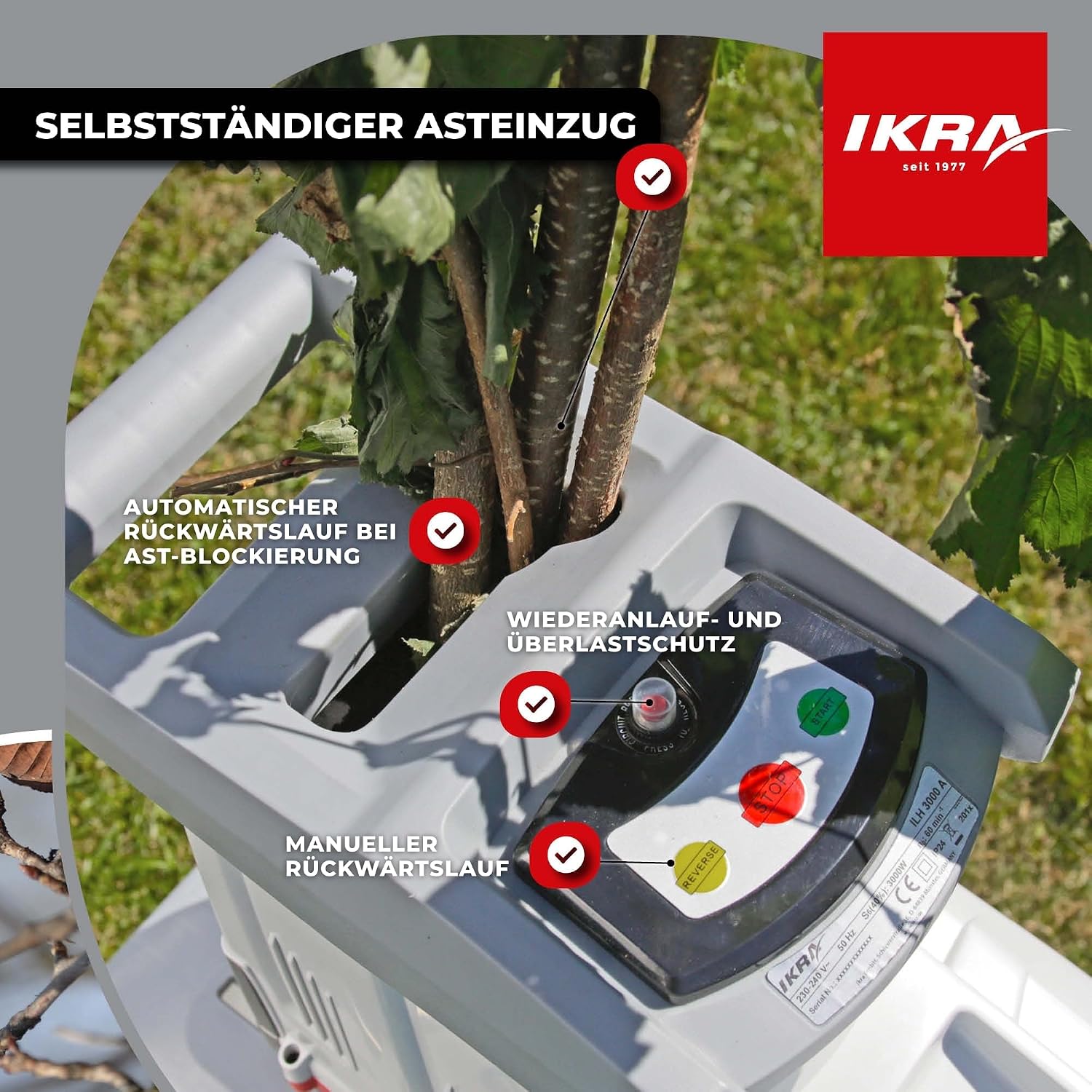 Elektro Gartenhäcksler Walzenhäcksler ILH 3000 A, leise robust wartungsarm, 3000W, Aststärke bis 44mm