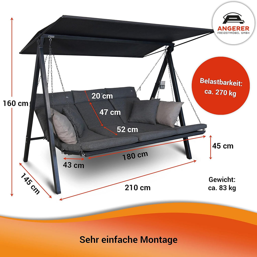 Hollywoodschaukel Lounge Smart – Schaukel zum Sitzen, Liegen & Entspannen, inkl. Bett-Funktion, einfache Montage, hochwertiger Stoff, Grau