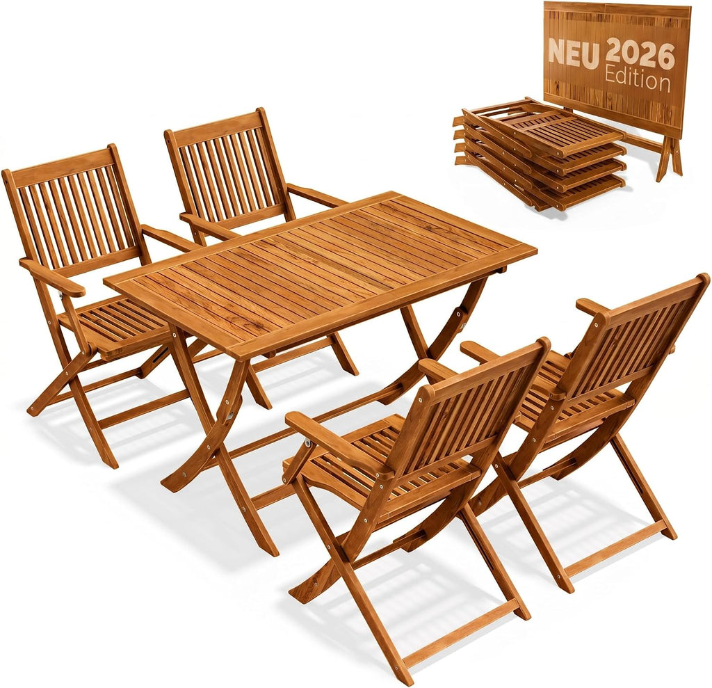 Gartenmöbel Set Modell 2026 - 5-teilig aus FSC Akazienholz, extra stabiler Tisch mit Verstärkungsleiste, 4 klappbare Stühle mit Armlehnen