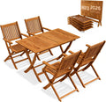 Gartenmöbel Set Modell 2026 - 5-teilig aus FSC Akazienholz, extra stabiler Tisch mit Verstärkungsleiste, 4 klappbare Stühle mit Armlehnen