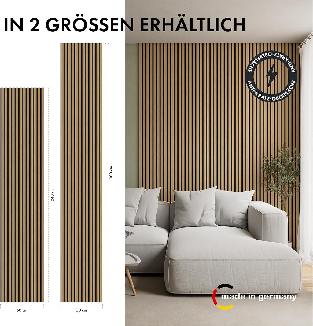 5 Stück Akustikpaneele Holz 240x50 cm - Eiche Geölt Dekor - Wandverkleidung als 3D Lamellenwand für effektiven Schallschutz - Holzpaneele