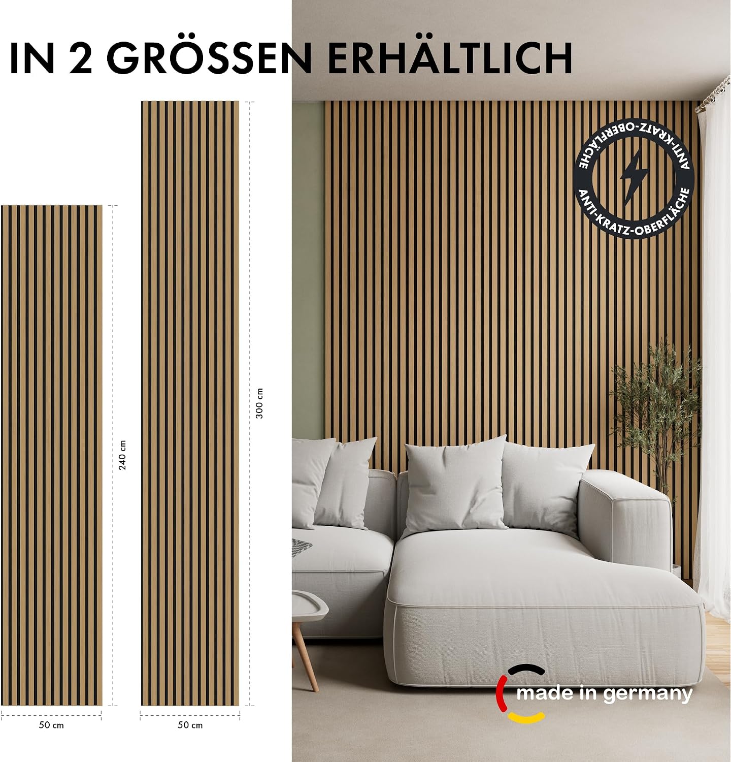 5 Stück Akustikpaneele Holz 240x50 cm - Eiche Geölt Dekor - Wandverkleidung als 3D Lamellenwand für effektiven Schallschutz - Holzpaneele