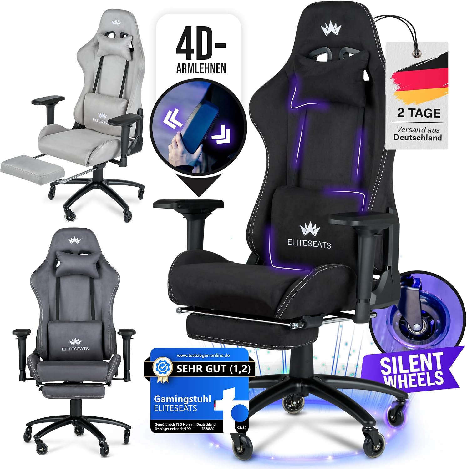 Gaming Stuhl Ergonomisch Kratzerfreie Rollen Atmungsaktiv, 4D-Armlehnen, mit Fußstütze, Stoff, 150 kg Belastbarkeit
