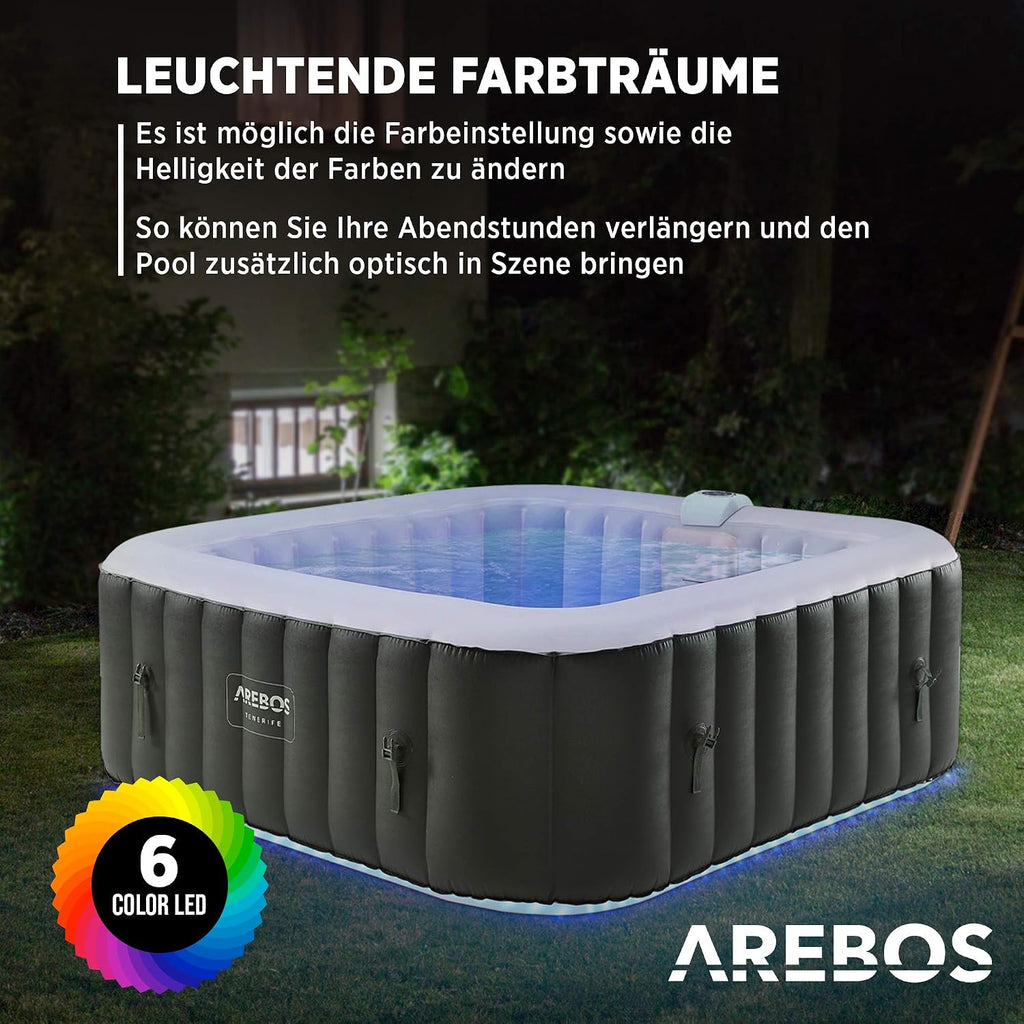 Automatisch aufblasbarer Spa Whirlpool 2400W, für 6 Pers., 185x185 cm, 130 Düsen, LED, 910L, inkl. Abdeckung, Bubble Spa + Wellness-Massage