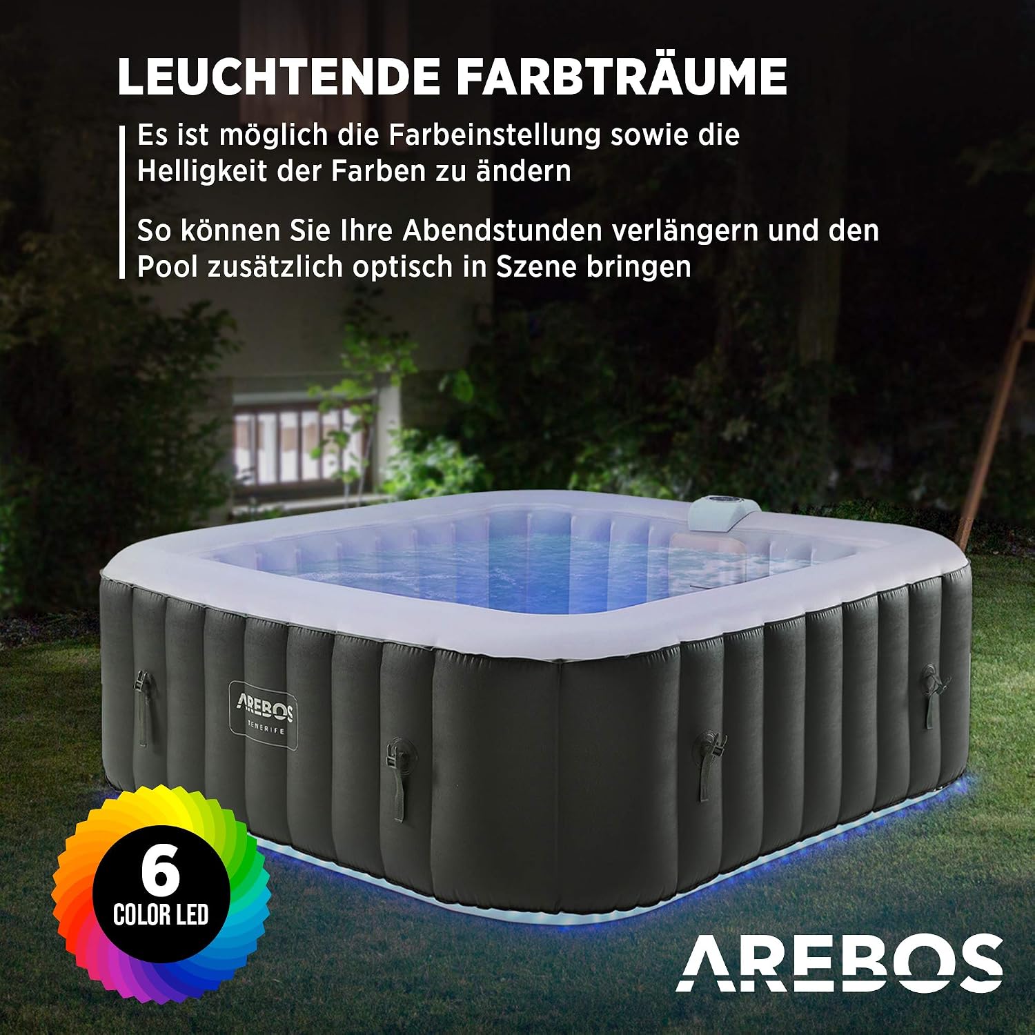 Automatisch aufblasbarer Spa Whirlpool 2400W, für 6 Pers., 185x185 cm, 130 Düsen, LED, 910L, inkl. Abdeckung, Bubble Spa + Wellness-Massage
