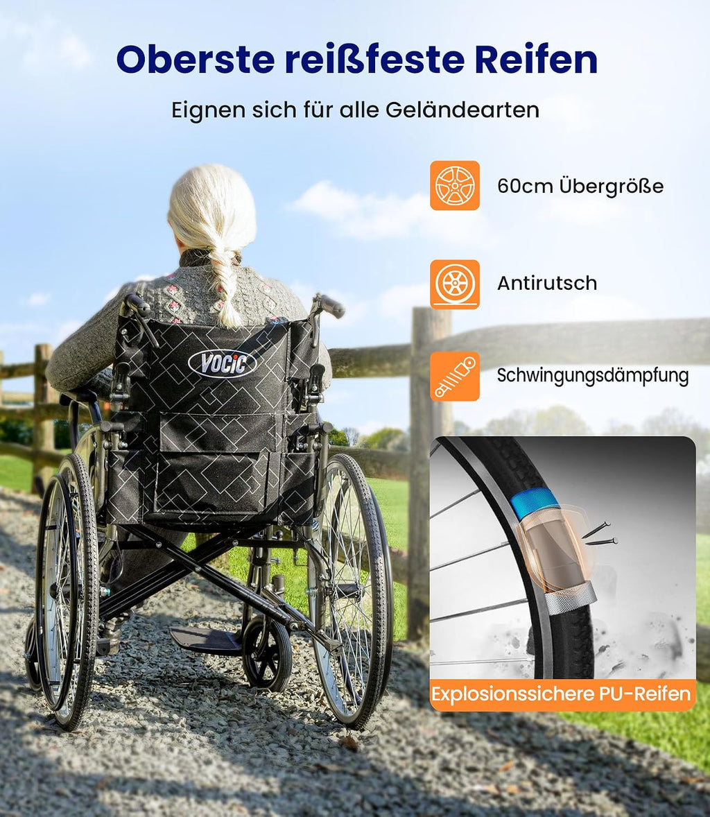 Leichter faltbarer Rollstuhl bis 150 kg, 17 kg, Doppelbremsen, Selbstantrieb, pannensichere Reifen für Erwachsene (Hellgrau)