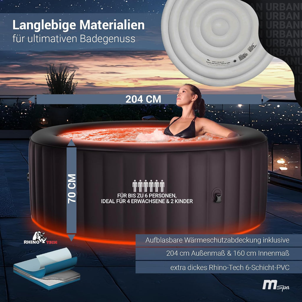 Whirlpool Outdoor Aurora | RGB LED Beleuchtung - 6 Personen aufblasbar - UVC+ Wasserreinigung - ⌀ 204 cm - Aufstellpool mit Fernbedienung - Hot Tub