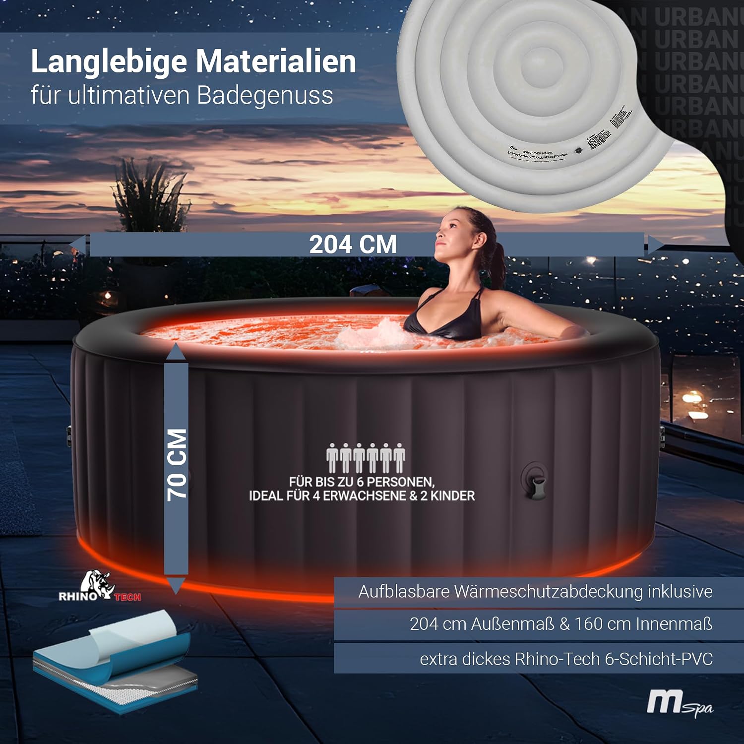 Whirlpool Outdoor Aurora | RGB LED Beleuchtung - 6 Personen aufblasbar - UVC+ Wasserreinigung - ⌀ 204 cm - Aufstellpool mit Fernbedienung - Hot Tub