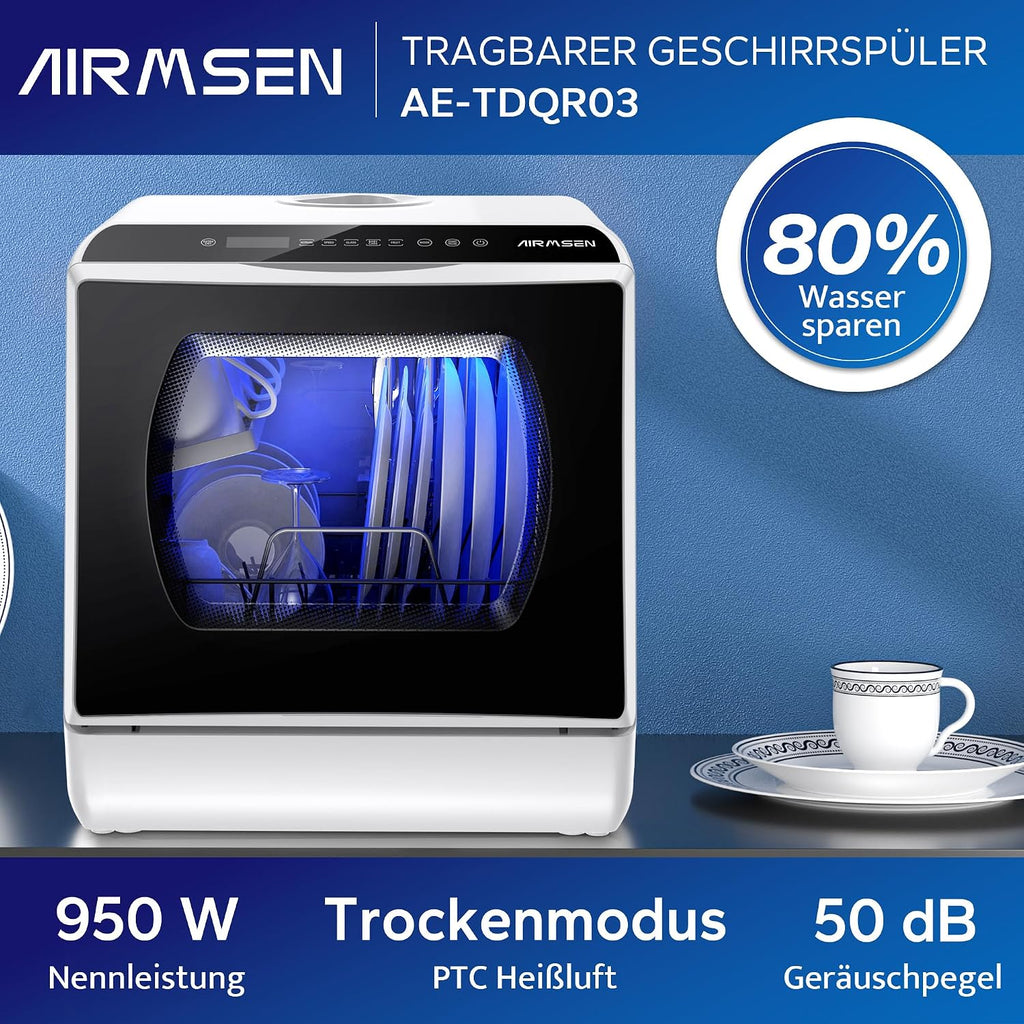 Mini Tischgeschirrspüler, 5+1 Programme, 5L Tank, 2-Wege-Wasser, Touch + LED, für Hausküche/Wohnung/Schlafsaal (Weiß/Schwarz)