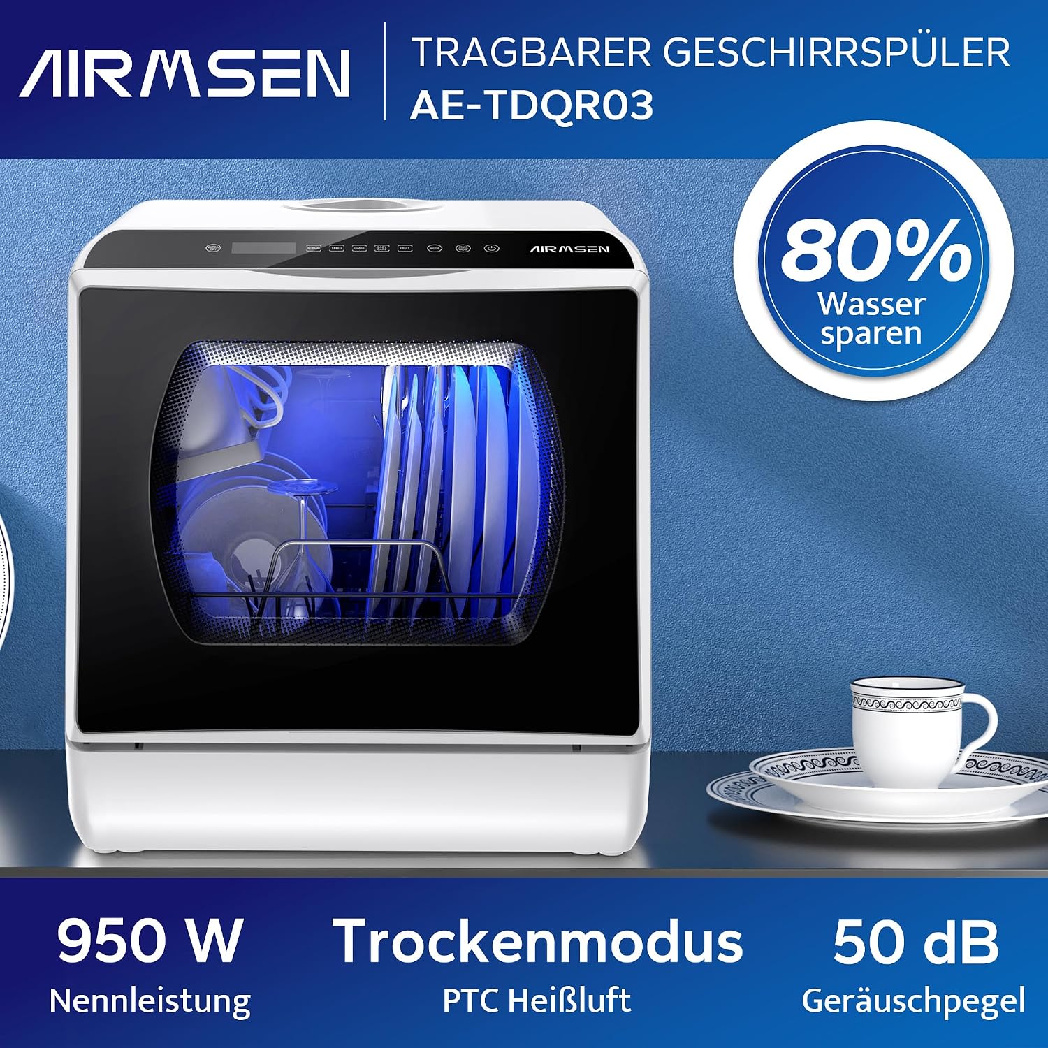 Mini Tischgeschirrspüler, 5+1 Programme, 5L Tank, 2-Wege-Wasser, Touch + LED, für Hausküche/Wohnung/Schlafsaal (Weiß/Schwarz)