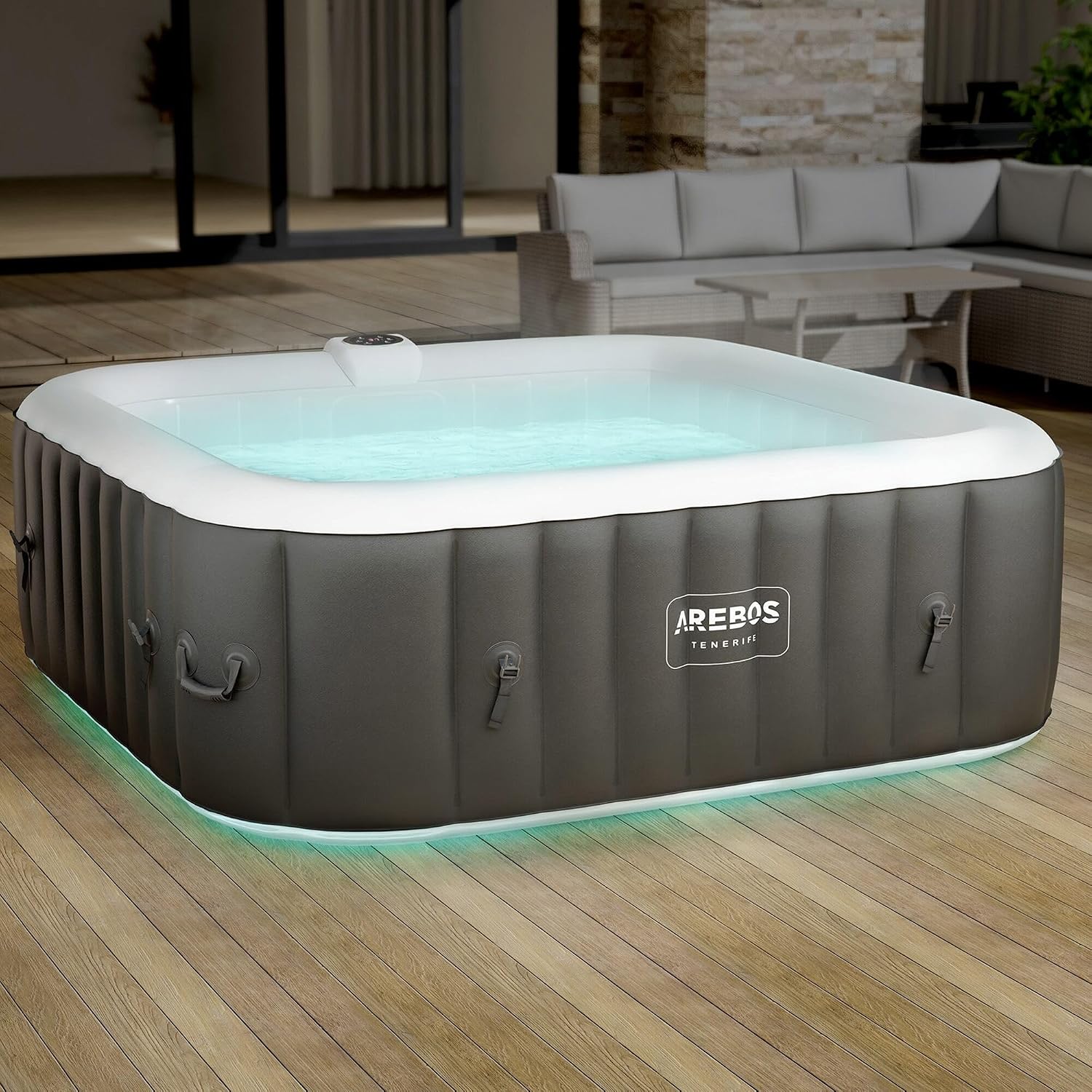Automatisch aufblasbarer Spa Whirlpool 2400W, für 6 Pers., 185x185 cm, 130 Düsen, LED, 910L, inkl. Abdeckung, Bubble Spa + Wellness-Massage