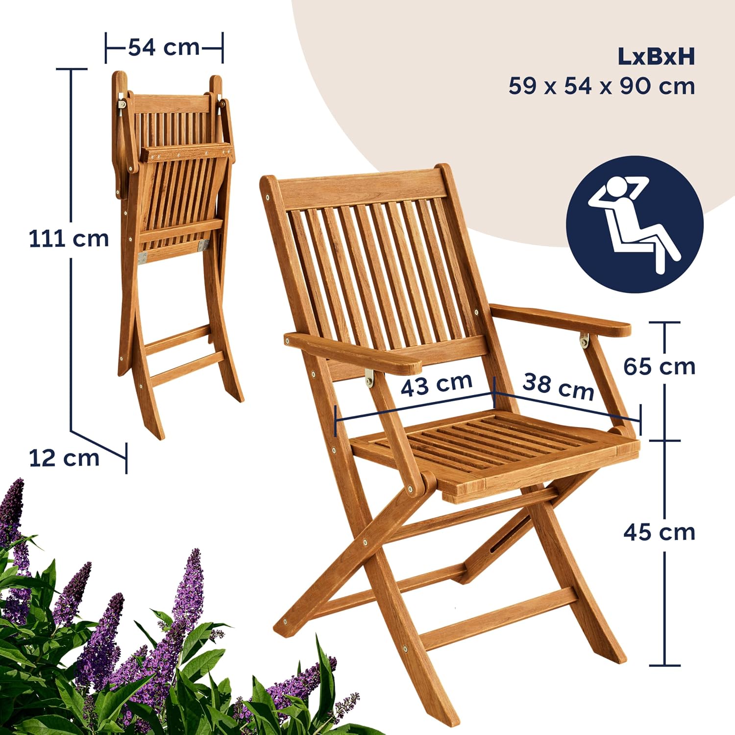 Gartenmöbel Set Modell 2026 - 5-teilig aus FSC Akazienholz, extra stabiler Tisch mit Verstärkungsleiste, 4 klappbare Stühle mit Armlehnen