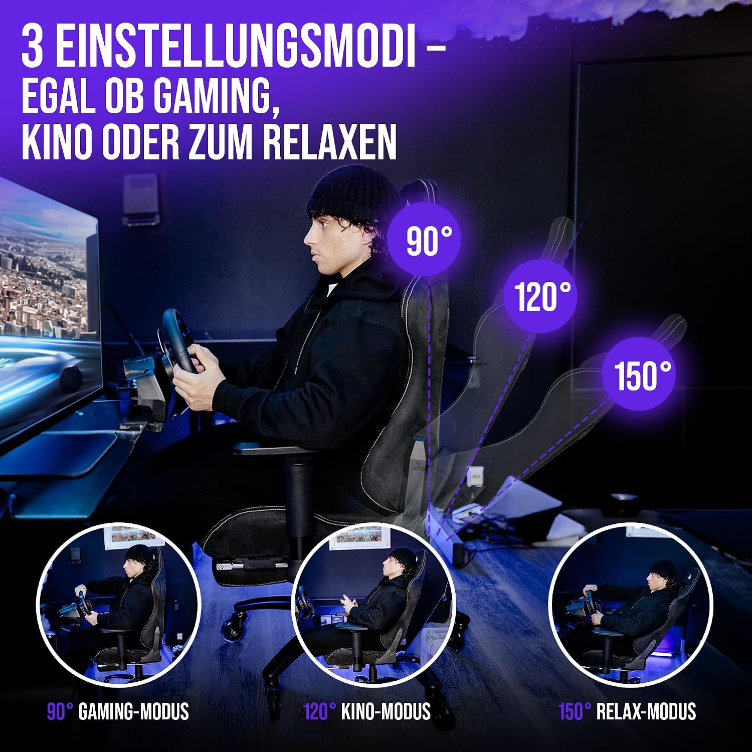 Gaming Stuhl Ergonomisch Kratzerfreie Rollen Atmungsaktiv, 4D-Armlehnen, mit Fußstütze, Stoff, 150 kg Belastbarkeit
