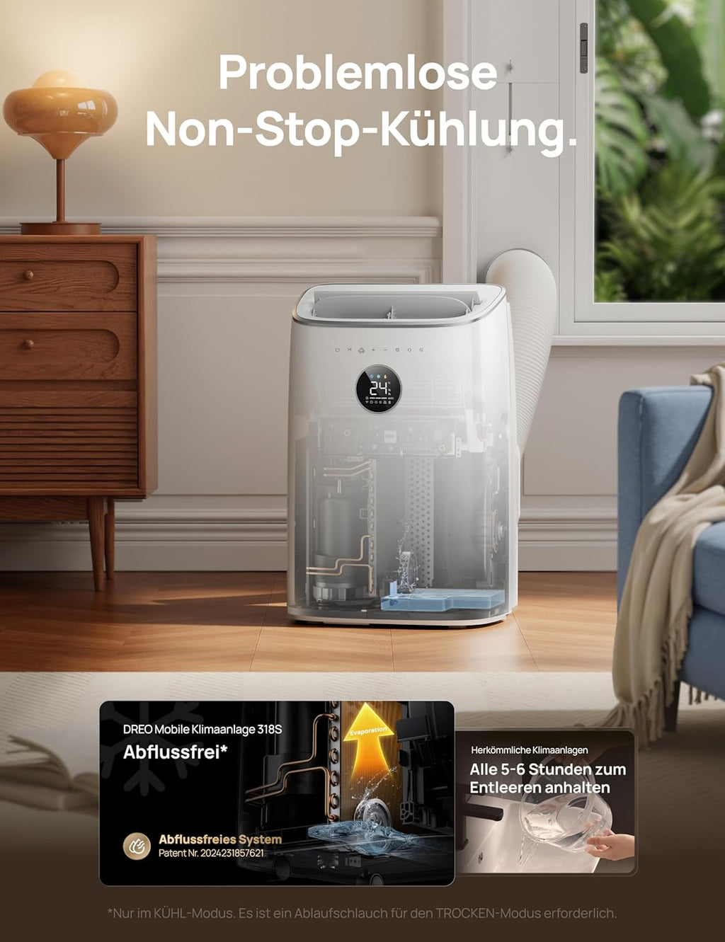 Mobiles Klimagerät 7.500 BTU, 3-in-1 (Kühlen/Vent./Entf.), App + Sprachst., drainagefrei, Fenster-Set, 2,5 L/h, für Schlafz./Büro, AC318S