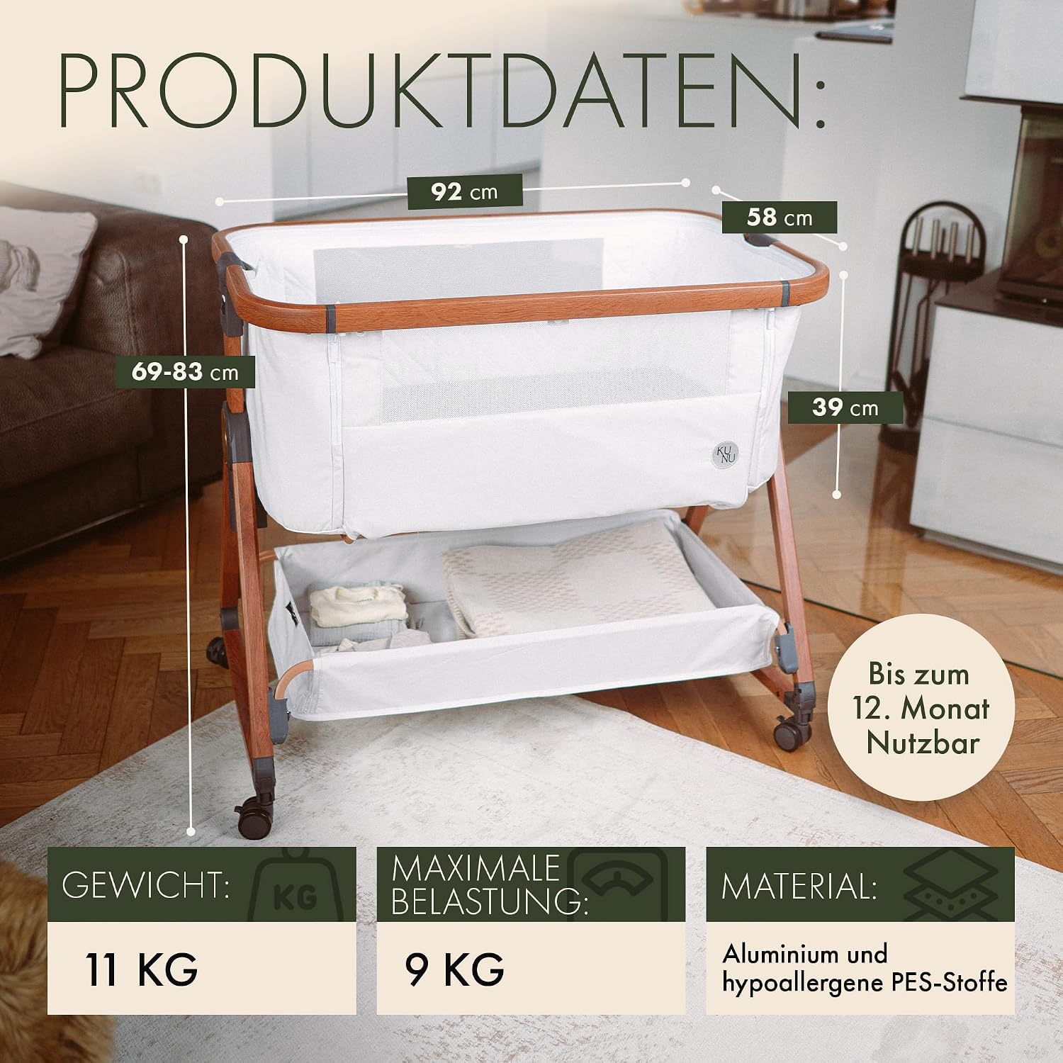 Beistellbett Babybett 3 in 1 rollbares Baby Bett mit Rollen, Wiegefunktion, höhenverstellbar, für Boxspringbett, inkl Reisetasche - Sicheres Reisebett