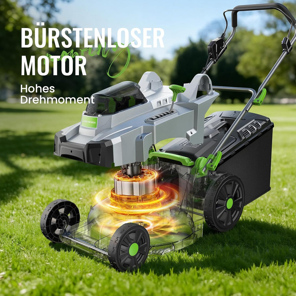 Akku-Rasenmäher 40V(2X20V), 43cm Schnittbreite, Brushless, bis 500 m², Mulch-Kit, 50L Fangkorb, 6 Schnitthöhen (25-75mm), 2x 4,0Ah Akkus+Ladegerät