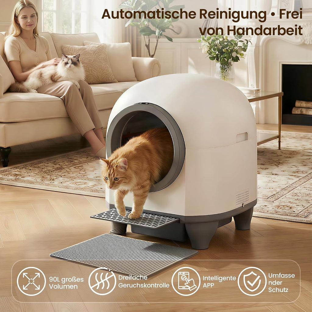 Selbstreinigende Katzentoilette 90L, mit niedrigem Einstieg/großem Raum/Geruchsentferner, APP-gesteuert, Sicherheitssensor, inklusive Katzenmatte