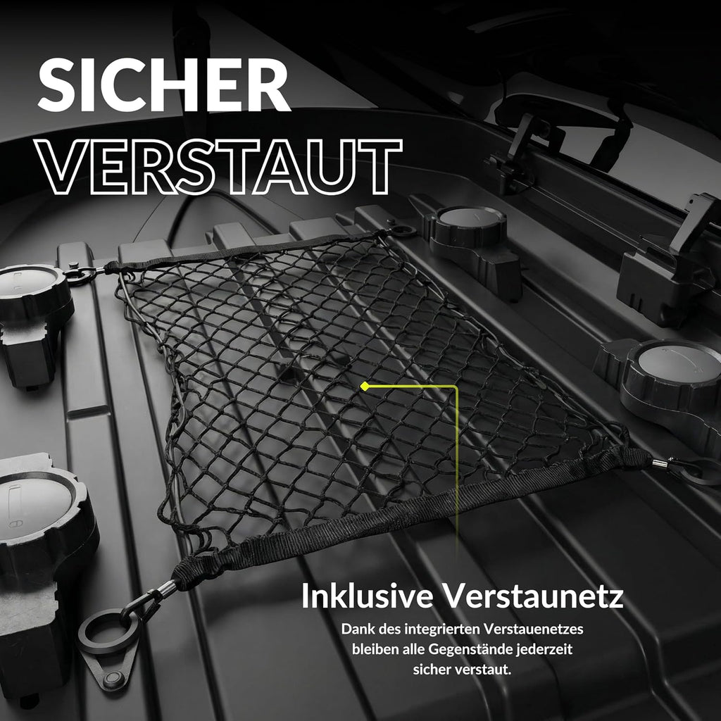 Dachbox Auto 320L | 75kg Zuladung | Hartschale Schwarz Glänzend | Aerodynamisch | Beidseitige Öffnung mit Schnellspanner (Fast Clamp) | Abschließbar