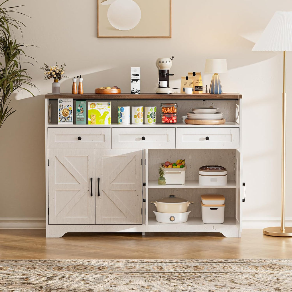 Sideboard mit Schubladen und offenem Regal, Küchenschrank, Anrichte, Kaffeebar Schrank, 130x35x95cm, Cremeweiß in Holzoptik
