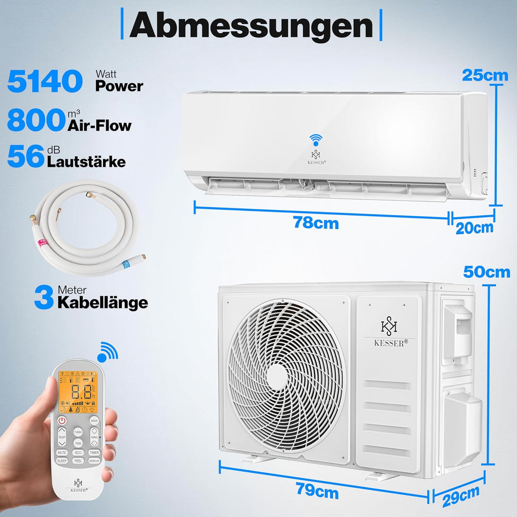 Klimaanlage Set Split, WiFi/App, Kühlen A++/Heizen A+, 18000 BTU/h (5300W), sehr leise, R32, Fernbedienung, Timer, Montagematerial, Weiß